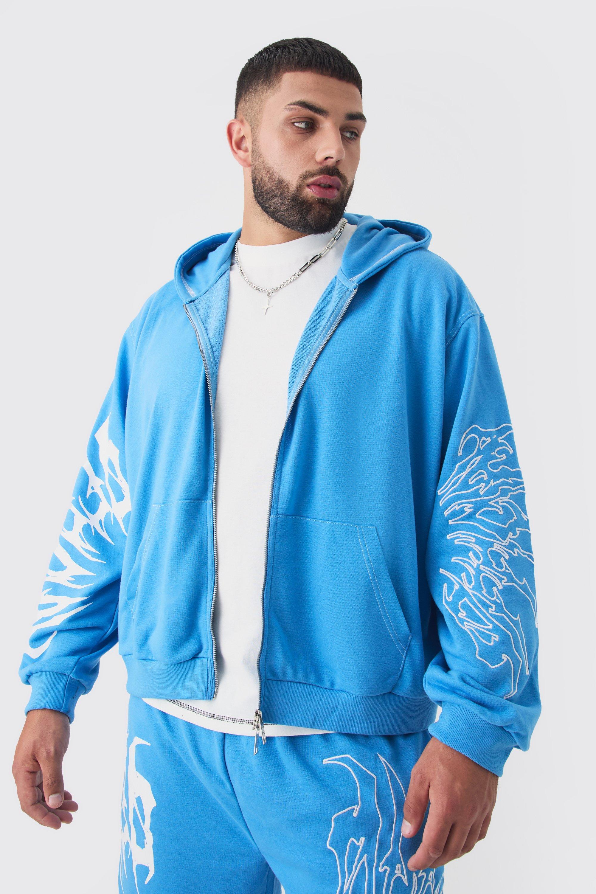 Mens Blue Plus Boxy Oversized Embroidery Hoodie, Blue